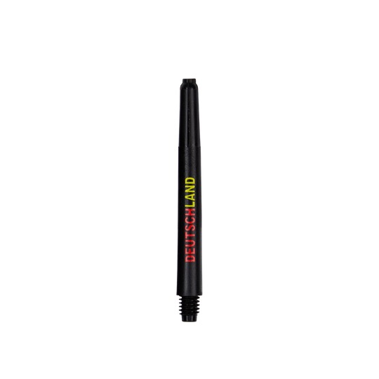 792_Nylon_Shafts_Deutschland_48mm_1sI0je99RdJHHb Das Bild zeigt einen schwarzen Nylon-Schaft mit der Aufschrift "DEUTSCHLAND" in den Farben der deutschen Flagge. Das Produkt ist für den Einsatz bei Dartpfeilen gedacht.