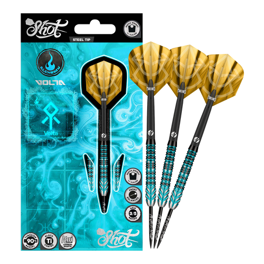Shot Alchemy Volta steel darts Das Bild stellt die Shot Alchemy Volta Steeldarts dar. Die Steeldarts sind hochwertig verarbeitet.