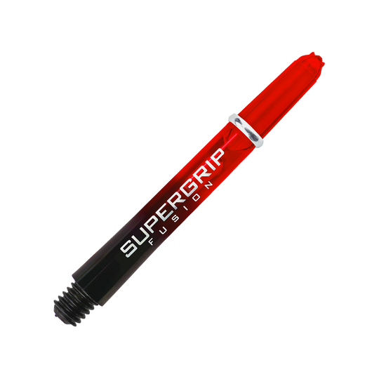 HR343_Harrows_Supergrip_Fusion_Shafts_Rot_40mm_2XFk51sbI9cjN5 Das Bild zeigt einen Harrows Supergrip Fusion Shaft in Rot. Der Schriftzug "SUPERGRIP FUSION" ist deutlich auf dem Produkt zu sehen.