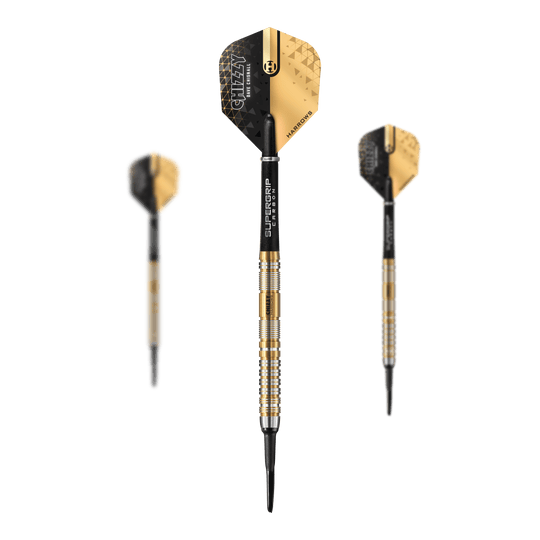 Harrow's Dave Chisnall Chizzy Series 2 soft darts Das Bild zeigt drei Softdarts der Marke "Harrows Dave Chisnall Chizzy Series 2" mit gold-schwarzem Design. Die Darts haben schwarze Flights und silber-goldene Griffe mit schwarzer Spitze.
