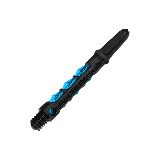 HR411_Harrows_Carbon_ST_Shafts_Aqua_40mm_2 Das Bild zeigt einen Harrows Carbon ST Shaft in der Farbe Aqua. Der Schaft ist schwarz mit blauen Akzenten und dem Schriftzug "CARBON ST".