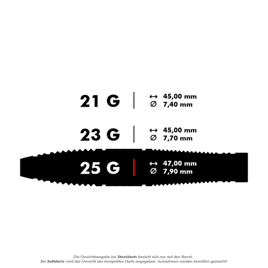Target Scope 03 Swiss Point steel darts Das Bild zeigt drei verschiedene Steeldarts mit den Gewichten 21 g, 23 g und 25 g. Die Maße Länge und Durchmesser sind für jedes Gewicht angegeben.