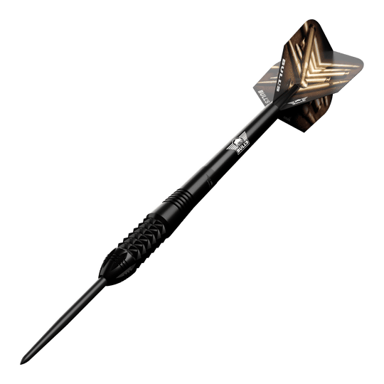 Bulls NL Caliber Black steel darts Dieses Bild zeigt den Bulls NL Caliber Black Steeldart. Der Dartpfeil ist schwarz und hat ein auffälliges Design auf den Flights.