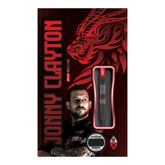 Red Dragon Jonny Clayton Hiraeth steel darts Die Abbildung zeigt die Verpackung der "Red Dragon Jonny Clayton Hiraeth Steeldarts". Auf der Verpackung sind ein Porträt von Jonny Clayton sowie ein stilisierter roter Drache abgebildet.