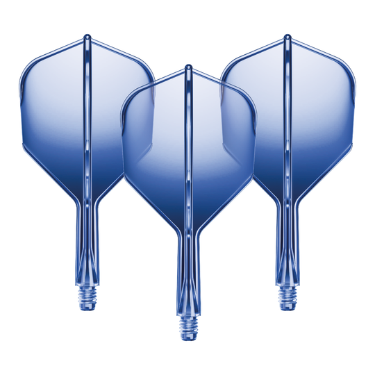 GOAT A1R No6 Flight Shaft System - Blue Auf dem Bild sind drei blaue Dartflights mit kurzen Schäften zu sehen. Sie stehen nebeneinander und haben eine glänzende Oberfläche.