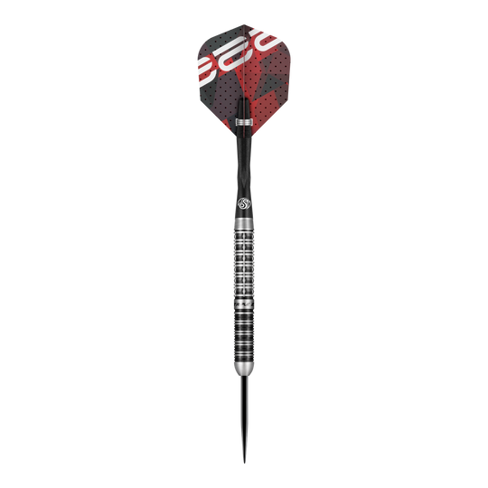 Dies ist ein Steeldart aus der Serie "Shot Niels Zonneveld V2". Der Dart hat ein silbernes, geriffeltes Barrel und schwarze sowie rote Flights.