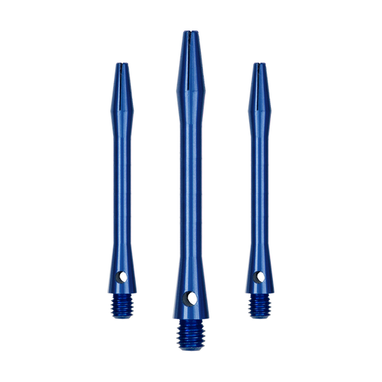 514_Aluminium_Shafts_Blau_46mm_1oNWbqDxRny7Kj Auf dem Bild sind drei blaue Aluminiumschäfte zu sehen. Sie haben jeweils ein Gewinde am unteren Ende und eine Bohrung in der Nähe des Gewindes.