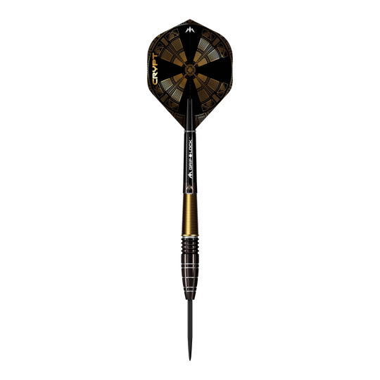 Mission Crypt Model 1 Steel Darts - 22g Das Bild zeigt einen Mission Crypt Model 1 Steeldart mit einem Gewicht von 22g. Der Dart ist schwarz-gold gefärbt und hat ein geometrisches Design auf dem Flight.