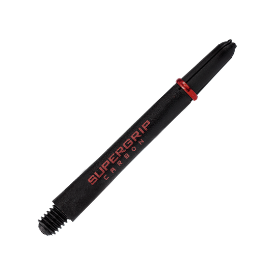 HR359_Harrows_Supergrip_Carbon_Shafts_Rot_47mm_2 Das Bild zeigt einen Harrows Supergrip Carbon Shaft in Rot. Die Beschriftung "SUPERGRIP CARBON" ist deutlich auf dem schwarzen Schaft zu sehen.