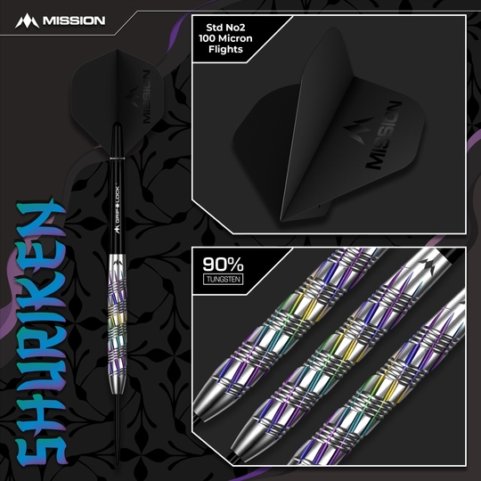Mission Shuriken Steel Darts Das Bild zeigt die Mission Shuriken Steeldarts. Diese Darts sind speziell für das Steeldart-Spiel entwickelt.