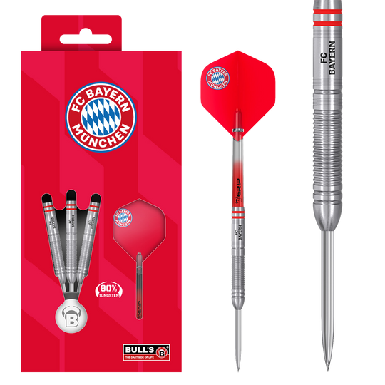 Bulls FC Bayern Munich Tungsten Steel Darts Zu sehen sind die Bulls FC Bayern München Tungsten Steeldarts. Das Produkt spricht Dartspieler und Bayern München Fans an.