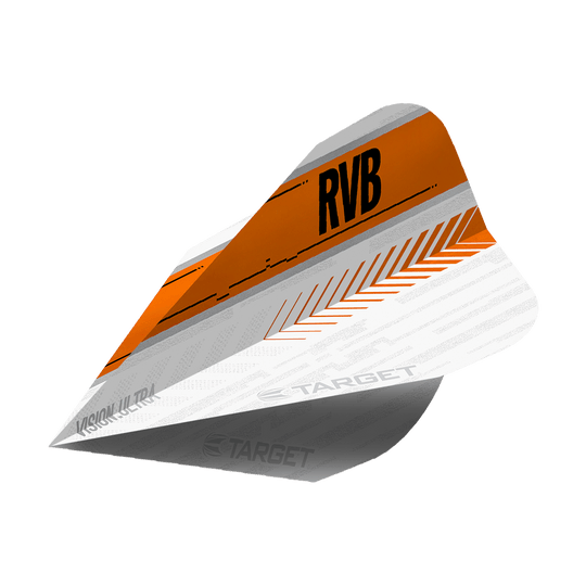TG59_332040_Target_Vision_Ultra_RvB_Orange_Vapor_Flights_2 Das Bild zeigt ein Dart-Flight mit dem Namen "Target Vision Ultra RvB Orange Vapor Flights". Das Flight ist hauptsächlich weiß und orange, mit schwarzen Buchstaben "RVB" und dekorativen Mustern.