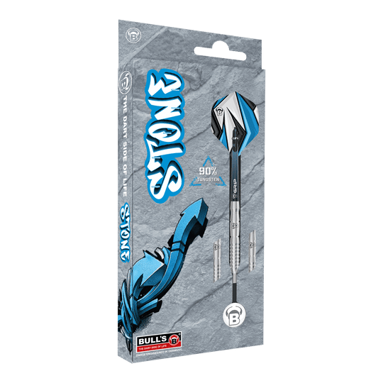 Bulls Stone S2 Steeldarts Die Abbildung zeigt die Verpackung der "Bulls Stone S2 Steeldarts". Die Darts bestehen zu 90% aus Tungsten und sind im Design grau und blau gehalten.