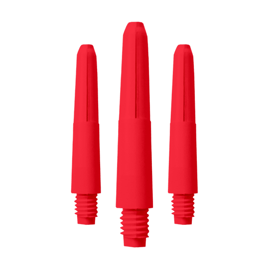 569_Nylon_Shafts_Rot_28mm_1 Das Bild zeigt drei rote Nylon-Schäfte für Dartpfeile. Sie sind nebeneinander auf weißem Hintergrund angeordnet.