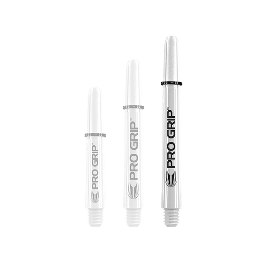 Target Pro Grip Shafts - 3 Sets - Red Blue White Das Bild zeigt drei unterschiedlich lange, weiße Dart-Schäfte mit der Aufschrift "PRO GRIP". Sie stehen nebeneinander aufrecht vor weißem Hintergrund.
