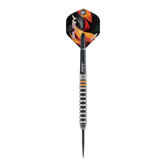 Hier sieht man die Winmau Fury Steeldarts - 22g. Die Darts bieten ein ausgewogenes Wurfgefühl für Dartspieler.
