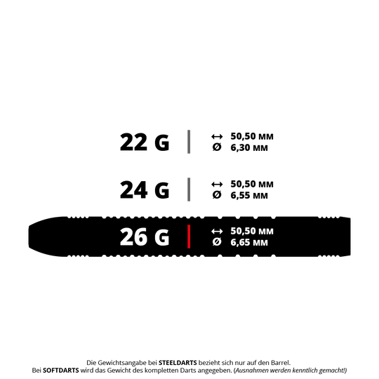 Target Hydro 03 Swiss Point steel darts Das Bild zeigt das Produkt 190656_Target_Hydro_03_SP_Steeldarts_5_26g. Es handelt sich vermutlich um Steeldarts mit einem Gewicht von 26 Gramm.