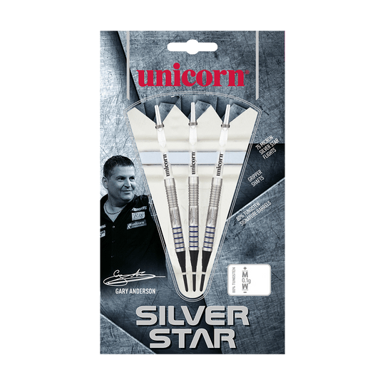 04771_Unicorn_Silver_Star_Var2_Gary_Anderson_Softdarts_3 Das Bild zeigt eine Packung „Unicorn Silver Star Var.2 Gary Anderson Softdarts“. Auf der Verpackung sind drei Softdarts und ein Foto von Gary Anderson abgebildet.