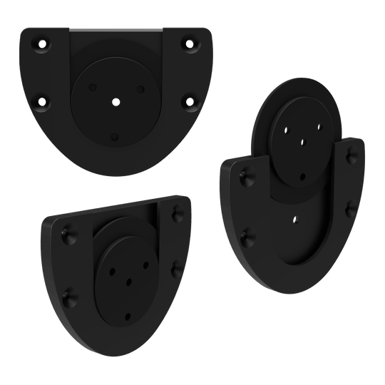 Bulls NL Dartboard Silencer Das Bild zeigt drei schwarze, halbkreisförmige Kunststoffteile mit Schraublöchern, die als Bulls NL Dartboard Silencer dienen. Sie werden verwendet, um das Geräusch beim Auftreffen der Darts auf das Board zu dämpfen.