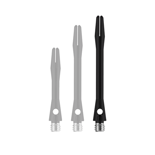 HR368_Harrows_Keramic_Shafts_Schwarz_47mm_1 Das Bild zeigt drei matt schwarze Harrows Keramic Shafts in unterschiedlichen Längen. Die Schäfte haben am unteren Ende silberne Gewinde.