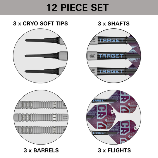 Hier sieht man die Target Cryo 13 Softdarts. Das Produkt ist detailliert fotografiert, damit die Qualität erkennbar ist.