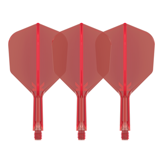Auf dem Bild sind drei rote Dart-Flights mit Shafts zu sehen. Sie sind identisch und stehen nebeneinander auf weißem Hintergrund.