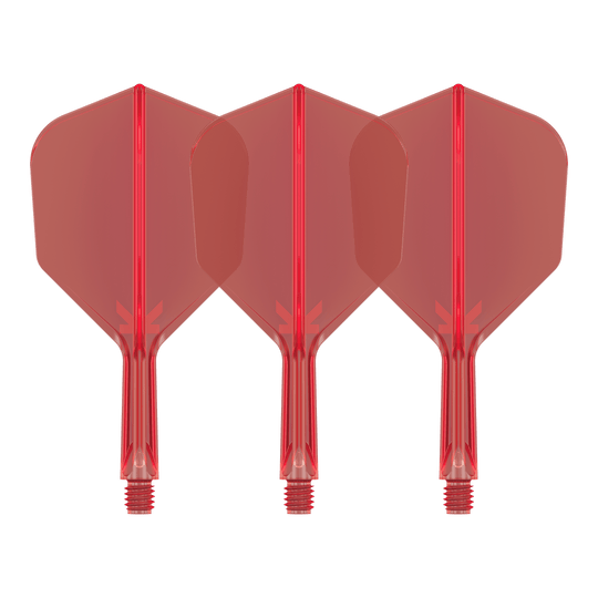 Target K-Flex No6 Flight System - Red Auf dem Bild sind drei rote Dart-Flights mit Shafts zu sehen. Sie sind identisch und stehen nebeneinander auf weißem Hintergrund.
