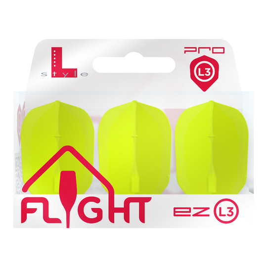 L-L-Style3EZ Flights Das Bild zeigt eine Packung mit drei neon-gelben Dart-Flights der Marke L-Style. Auf der Verpackung steht „FLIGHT ez L3 Pro“.
