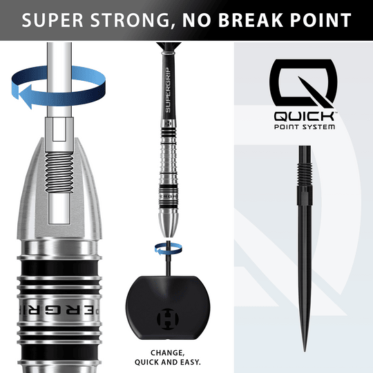 Auf dem Bild sieht man die Harrows Supergrip Bomb Quick Point Steeldarts. Diese Darts sind ideal für ambitionierte Dartspieler.