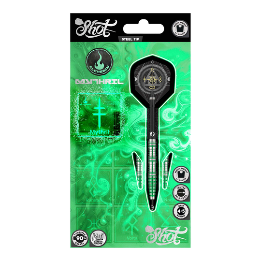 Dieses Bild zeigt die Shot Alchemy Mythril Steeldarts. Das Design der Steeldarts ist detailliert und modern.