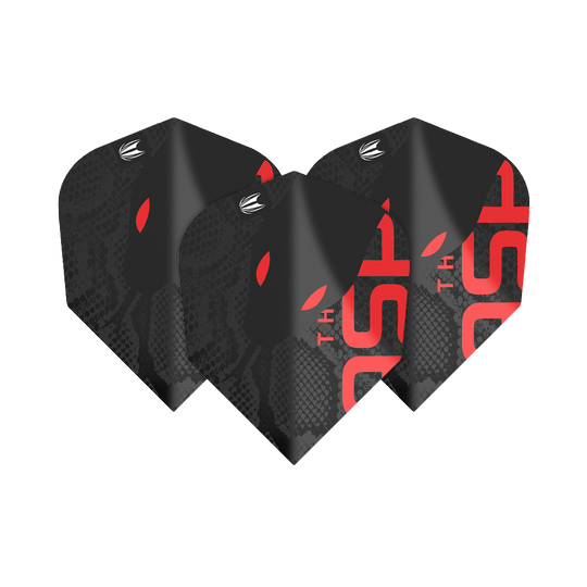 TG11_336950_Target_ProUltra_Nathan_Aspinall_80_Black_No6_Flights_186BSPH27vIDnv Das Bild zeigt drei schwarze Dart-Flights mit roten und weißen Designelementen. Es handelt sich um die "Target ProUltra Nathan Aspinall 80 Black No6 Flights".