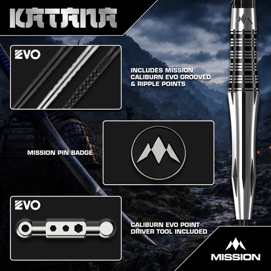 Mission Katana Steel Darts Mission Katana Steeldarts sind hochwertige Steeldarts. Auf dem Bild ist das Produkt aus nächster Nähe zu sehen.