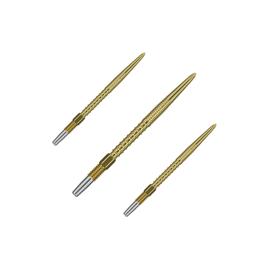 Target Swiss Firepoint Gold dart tips Das Bild zeigt drei goldfarbene Dartspitzen mit silbernem Gewinde am Ende. Sie sind schlank und haben eine strukturierte Oberfläche für besseren Halt.