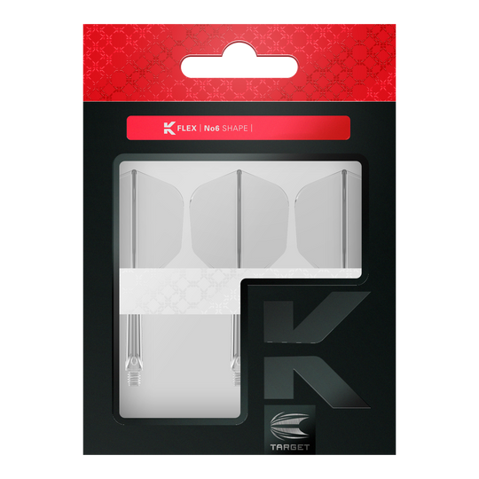 Target K-Flex No6 Flight System - Clear Auf dem Bild ist eine Verpackung mit drei klaren Dartflights und Schäften der Marke Target zu sehen. Die Verpackung ist schwarz und rot gestaltet und trägt die Aufschrift "K FLEX | No6 SHAPE".