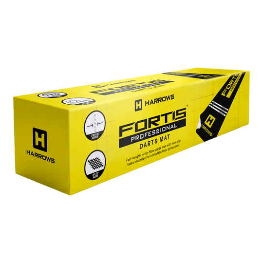 Harrows Fortis Dartteppich - Gelb Harrows Fortis Dartteppich in Gelb ist zu sehen. Der Teppich zeigt das typische Design für Dart-Bereiche.