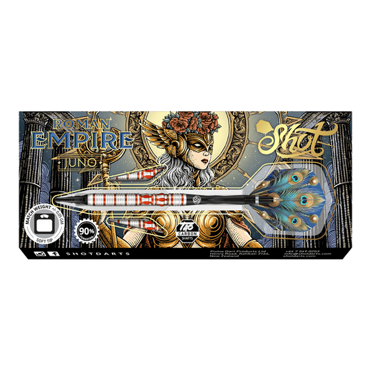 Shot Roman Empire Juno soft darts Das Bild zeigt die Verpackung der Shot Roman Empire Juno Softdarts. Auf der Verpackung ist ein kunstvolles Design mit einer Kriegerin und auffälligen Farben abgebildet.
