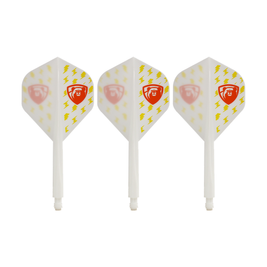 Condor AX Thunderbolt White Flight System - Standard Das Bild zeigt drei weiße Dartflights des Condor AXE Thunderbolt White Flight-Systems in Standardform. Die Flights sind mit gelben Blitzen und einem roten Schild-Logo verziert.