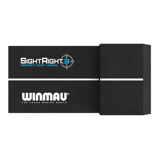 Winmau SightRight 3 - Compact Das Bild zeigt das Produkt "Winmau SightRight 3 - Compact" zur Perfektionierung des Dart-Zielens. Es ist schwarz mit einem weißen Streifen und dem Winmau-Logo darauf.