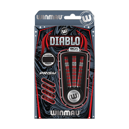 1480_Winmau_Diablo_Parallel_Steeldarts_3 Die Verpackung zeigt drei Steeldarts mit rotem und schwarzem Design. Auf der Packung steht „Diablo“ und es wird 90% Tungsten angegeben.