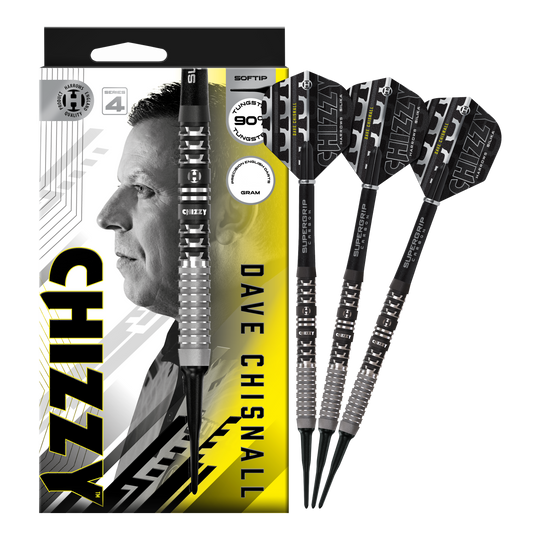 Hier sieht man die Harrows Dave Chisnall Chizzy Series 4 Softdarts. Sie sind ideal für Softdart-Spieler.