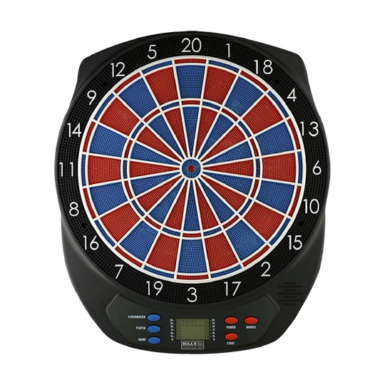 67963_Bulls_Scorpy_Elektronik_Dartboard_1 Das Bild zeigt das Bulls Scorpy Elektronik Dartboard. Es hat eine bunte Zielscheibe mit roten und blauen Feldern sowie ein digitales Bedienfeld unten.