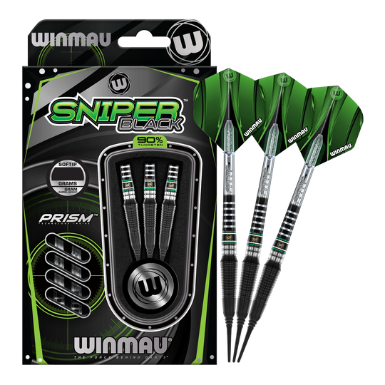 Winmau Sniper Black 2025 soft darts - 20g Das Bild zeigt die Winmau Sniper Black 2025 Softdarts mit einem Gewicht von 20g. Die Darts sind schwarz und grün gestaltet und werden in einer Verpackung mit drei Stück präsentiert.