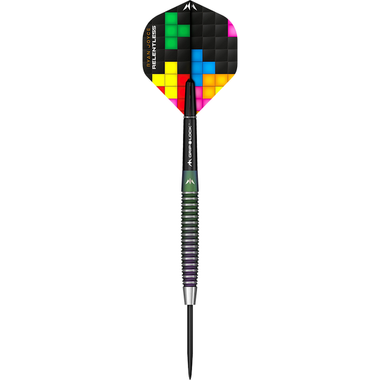 M001074_Mission_Ryan_Joyce_Relentless_Steeldarts_1Rr19fbaxU4zzN Der Mission Ryan Joyce Relentless Steeldart hat einen schwarzen Schaft und eine bunte Flights-Spitze mit Pixelmuster. Der Dart wirkt hochwertig und ist für professionelle Darts-Spiele geeignet.