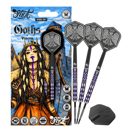 Shot Goths Visara Turbo Point Steel Darts - 23g Das Produkt zeigt die Shot Goths Visara Turbo Point Steeldarts - 23g in voller Ansicht. Diese Steeldarts stehen für Qualität und Zuverlässigkeit beim Dartspiel.