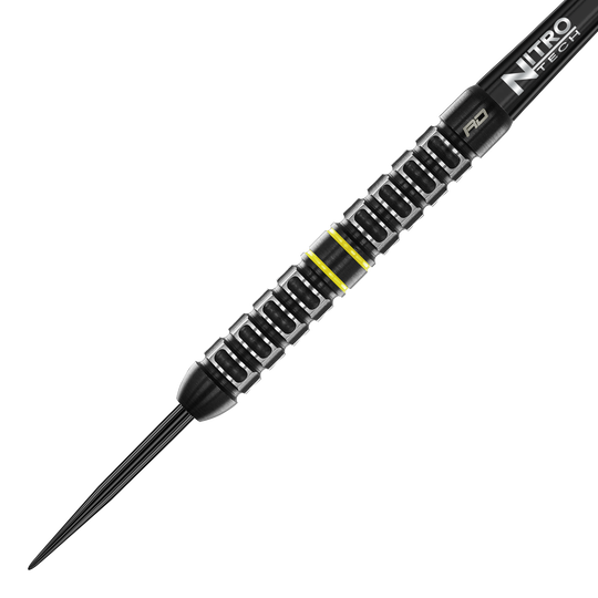 Red Dragon Astraeus Q4X Parallel Steeldarts Der Red Dragon Astraeus Q4X Parallel Steeldart hat ein schwarzes, geriffeltes Design mit silbernen und gelben Akzenten. Er wirkt hochwertig verarbeitet und ist für präzises Werfen ausgelegt.