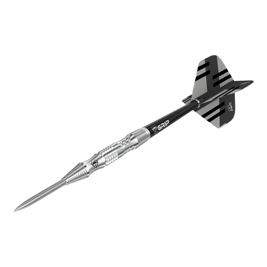 Bulls Tac T1 Steeldarts Das Bild zeigt einen Bulls Tac T1 Steeldart. Der Dart hat eine silberne Spitze und ein schwarzes Flight-Design mit Streifen.