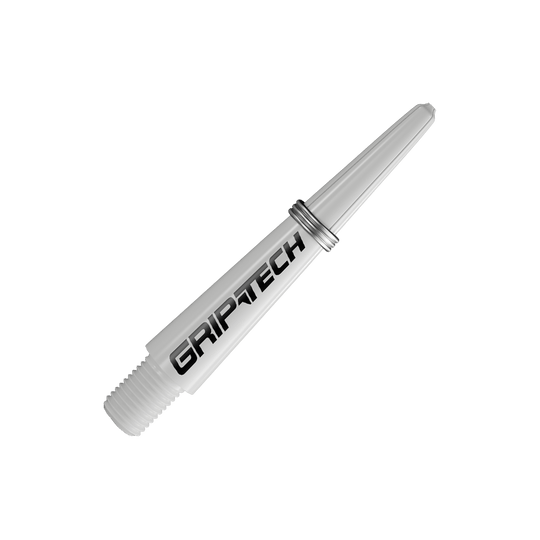 GOAT Griptech Shafts - White Das Bild zeigt einen weißen Dart-Schaft mit der Aufschrift "GRIPTECH". Der Schaft hat ein Gewinde an einem Ende und einen silbernen Ring in der Mitte.