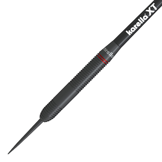 Karella Daniel Klose steel darts Das Bild zeigt einen Karella Daniel Klose Steeldartpfeil. Der Dart ist schwarz mit einem geriffelten Griffbereich und einem roten Ring.