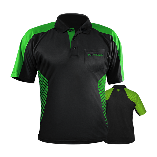 HRS-17492_Harrows_Vivid_Dartshirt_Black_Green_0 Das Bild zeigt das Harrows Vivid Dartshirt in Schwarz und Grün. Das Shirt hat grüne Akzente an den Schultern und Seiten sowie den Schriftzug „HARROWS“ auf der Brusttasche.