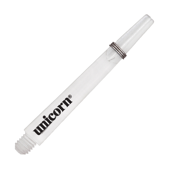 Unicorn Gripper 3 Mirage Shafts - Clear - 44.2 mm Das Bild zeigt einen klaren Unicorn Gripper 3 Mirage Shaft mit einer Länge von 44,2 mm. Auf dem Schaft ist das Wort "unicorn" aufgedruckt.